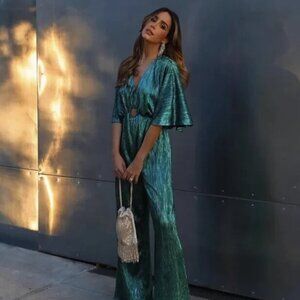 Zara satin metallic pleated jumpsuit with keyhole Sz L